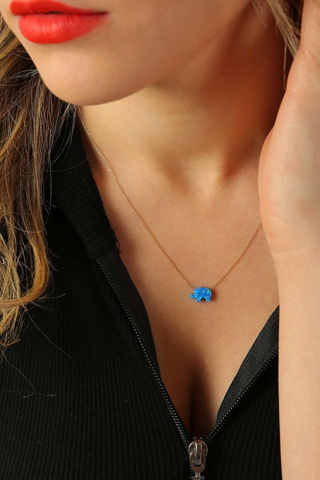 Prenses Pırlanta-14 Ayar Altın Mavi Sedef Opal Taşlı Fil Altın Kolye Modeli