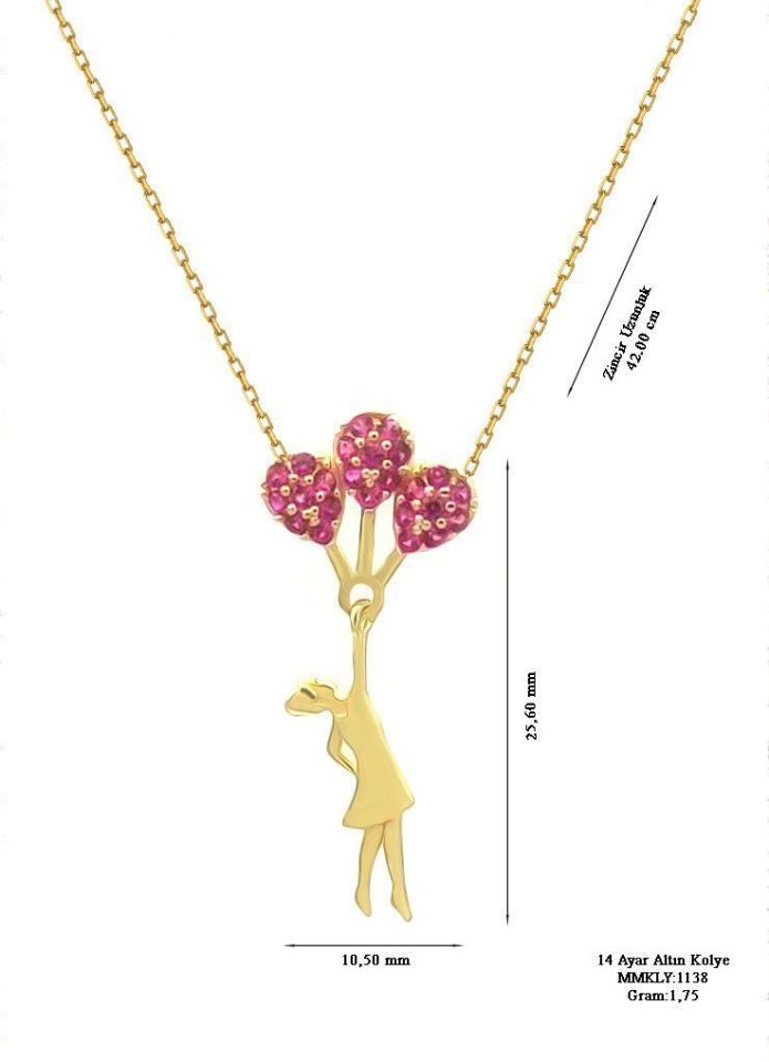 Prenses Pırlanta-Kırmızı Taşlı  Masumlar Apartmanı Uçan Balonlu Altın Kolye Modeli