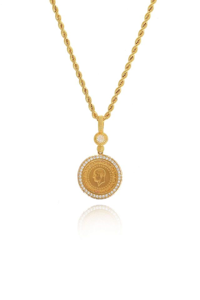 Prenses Pırlanta-14 Ayar Altın Çeyrek Altınlı Çerçeve Halat Zincirle Birlikte