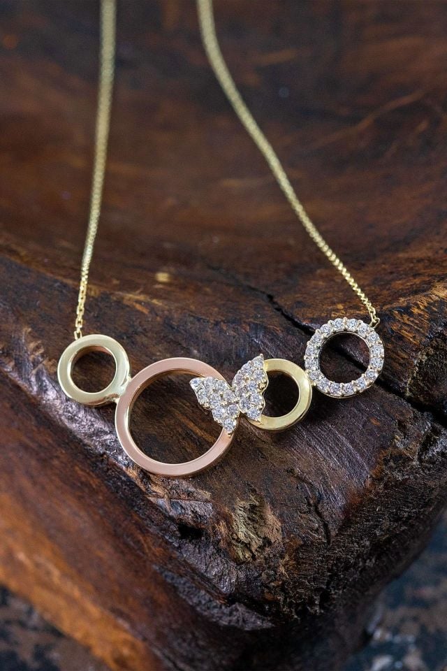 Prenses Pırlanta-Yeşil Beyaz Rose Üç Renk Altın Kolye Modeli 14 Ayar Altın