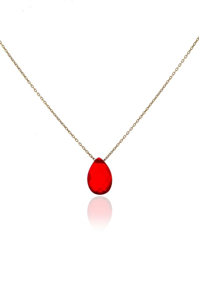 Prenses Pırlanta-Kırmızı Damla Doğal Taş Altın Kolye Modeli 14 Ayar Altın