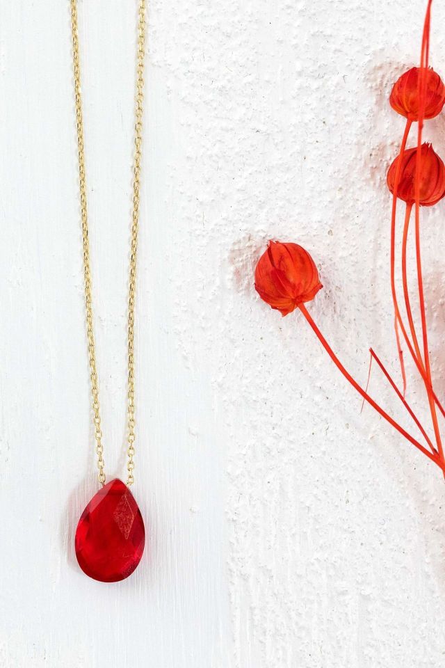 Prenses Pırlanta-Kırmızı Damla Doğal Taş Altın Kolye Modeli 14 Ayar Altın