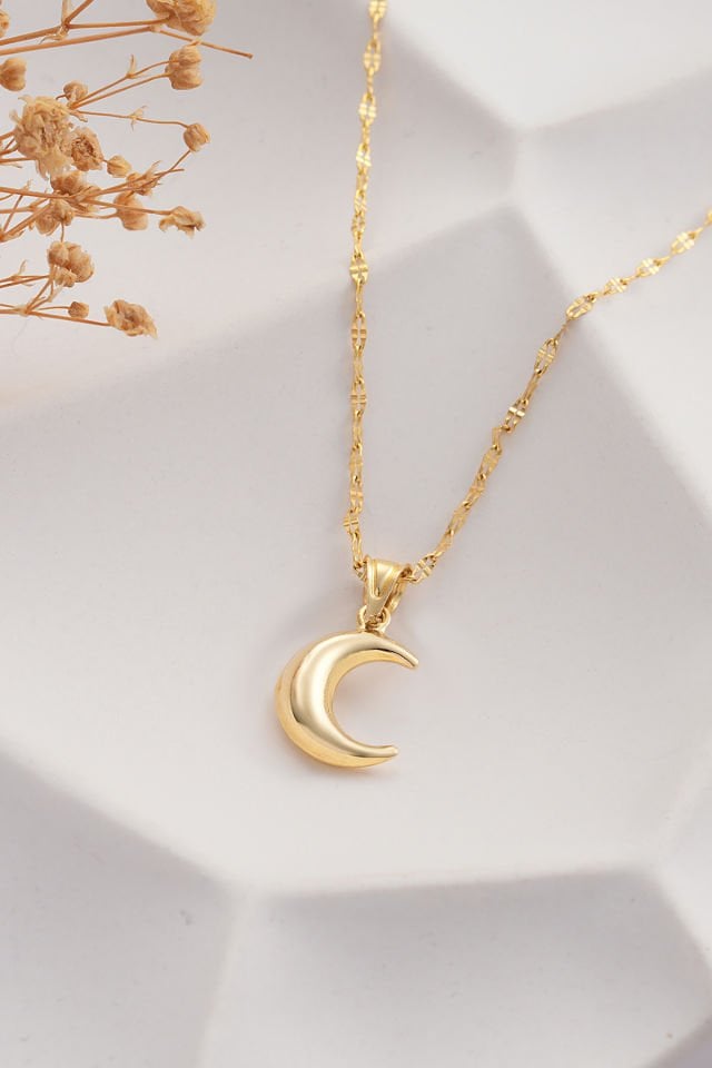 PRENSES PIRLANTA 14 Ayar Altın Aynalı Zincir Hilal Altın Kolye (40cm,45cm,50cm,55cm)