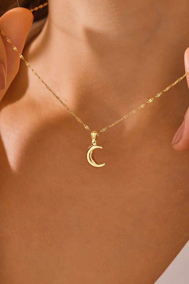 PRENSES PIRLANTA 14 Ayar Altın Aynalı Zincir Hilal Altın Kolye (40cm,45cm,50cm,55cm)