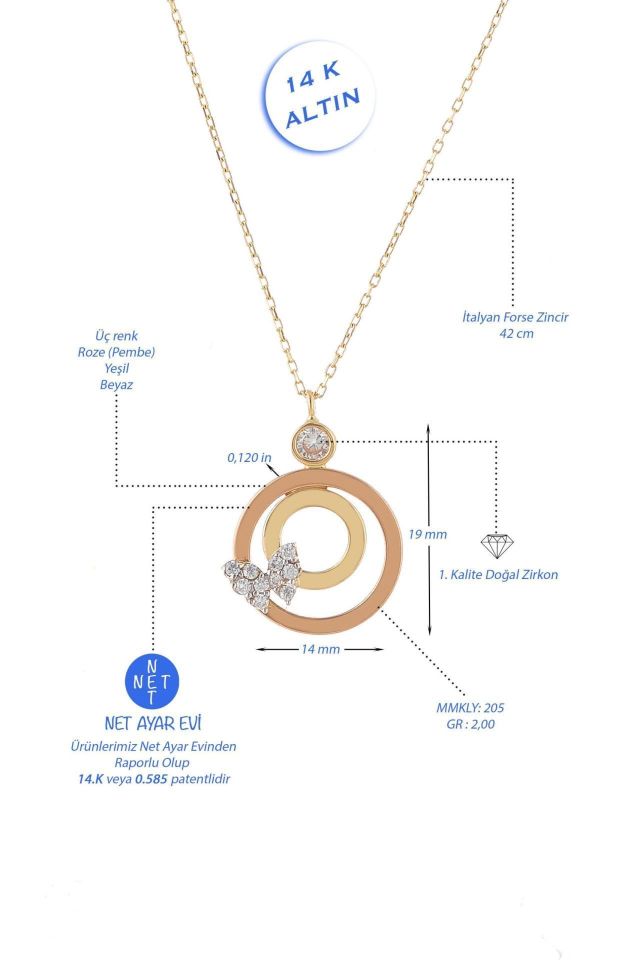 Prenses Pırlanta-Yeşil Beyaz Rose Üç Renk Kelebek Altın Kolye Modeli 14 Ayar Altın
