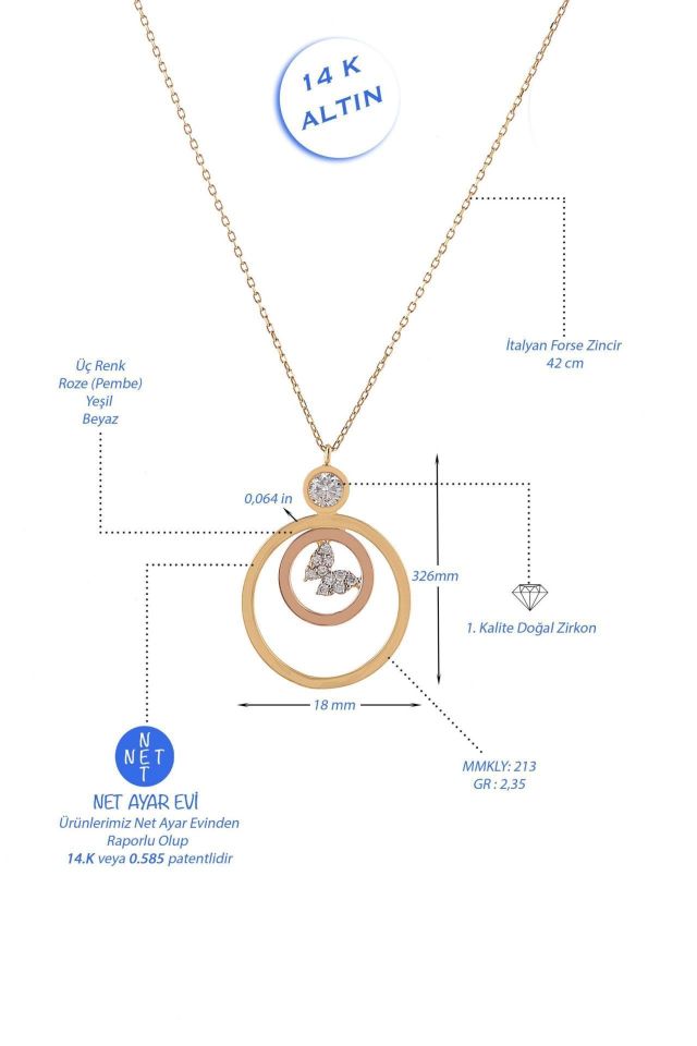 Prenses Pırlanta-Yeşil Beyaz Rose Üç Renk Kelebekli Altın Kolye Modeli 14 Ayar Altın