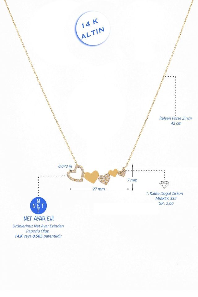 Prenses Pırlanta-Taşlı Kalpli Altın Kolye Modeli 14 Ayar Altın