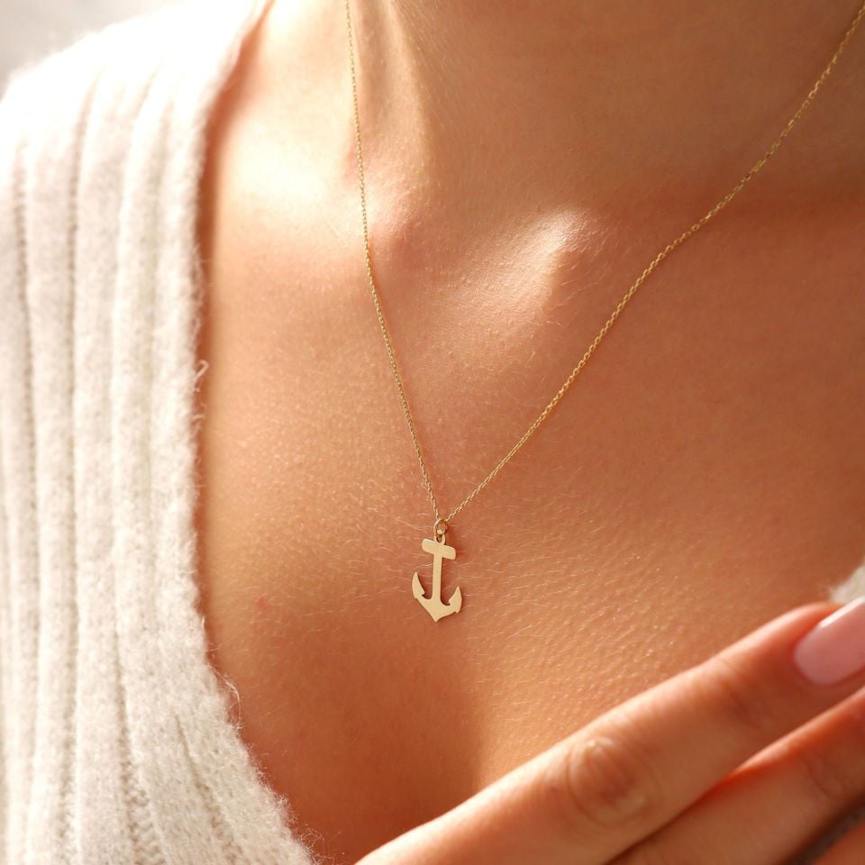 Prenses Pırlanta-14 Ayar Altın Çapa Altın Kolye Modeli ''45 cm''