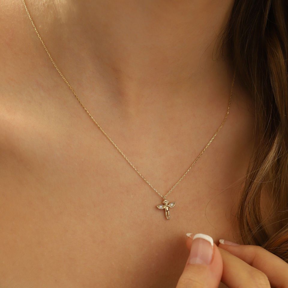 Prenses Pırlanta-14 Ayar Altın Taşlı Minimal Melek Altın Kolye Modeli ''45 cm''