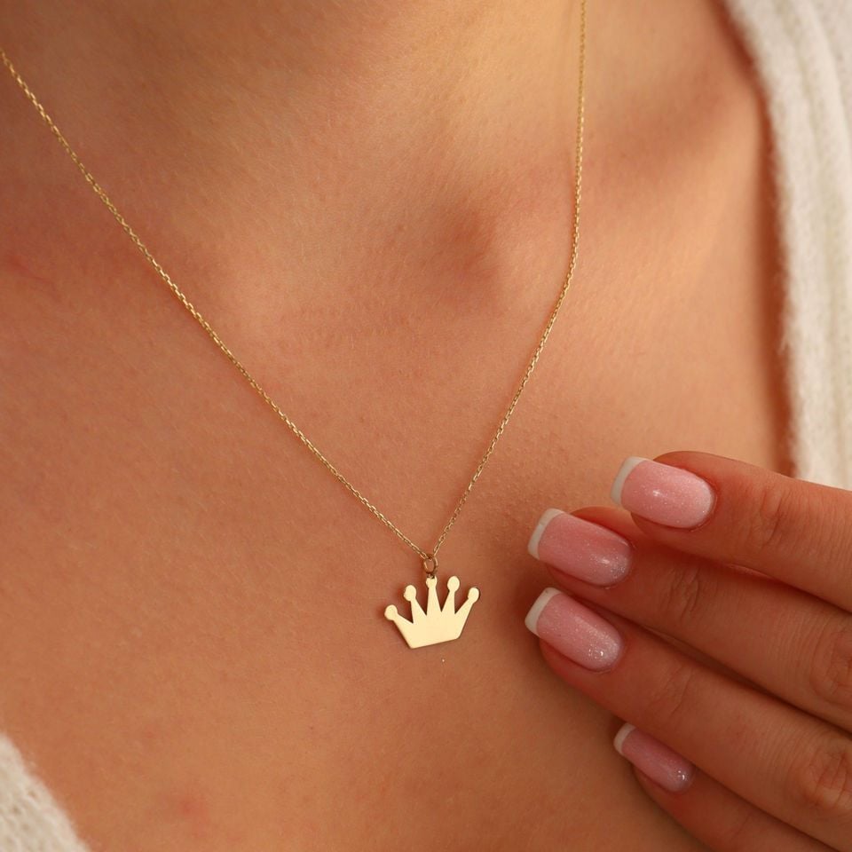 Prenses Pırlanta-14 Ayar Altın Taç Altın Kolye Modeli ''45 cm''