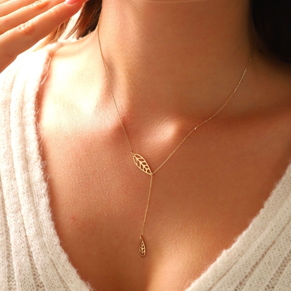 Prenses Pırlanta-14 Ayar Altın Sallantılı Yaprak Altın Kolye Modeli ''45 cm''