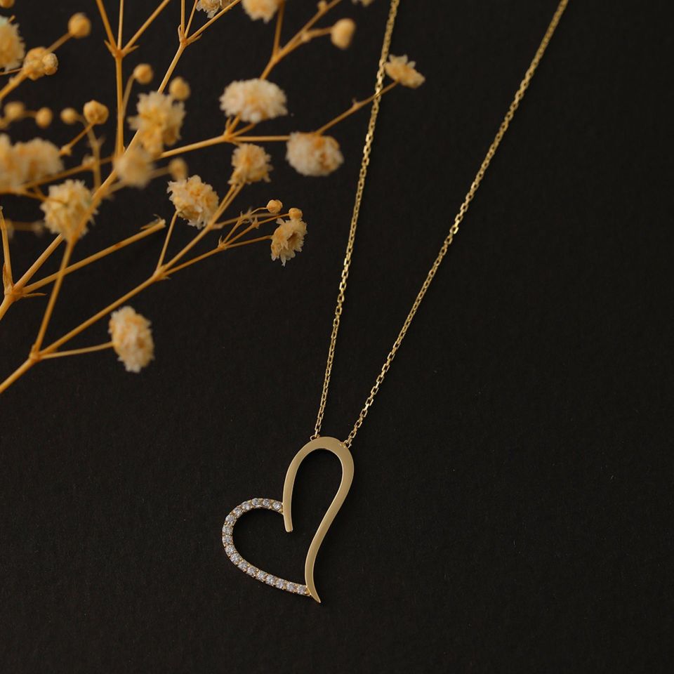 Prenses Pırlanta-14 Ayar Altın Taşlı Kalp Altın Kolye Modeli ''45 cm''