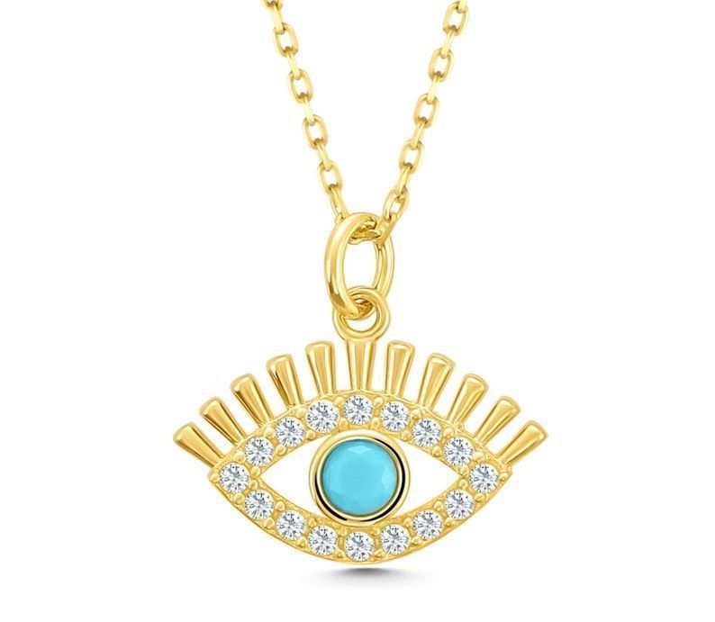 Prenses Pırlanta-14 Ayar Altın Mavi Boncuklu Göz Altın Kolye Modeli ''45 cm''