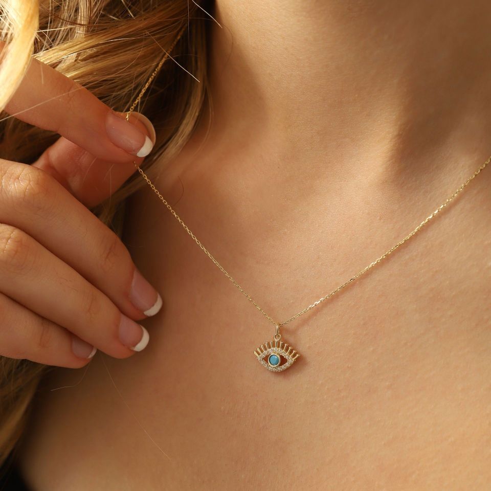 Prenses Pırlanta-14 Ayar Altın Mavi Boncuklu Göz Altın Kolye Modeli ''45 cm''