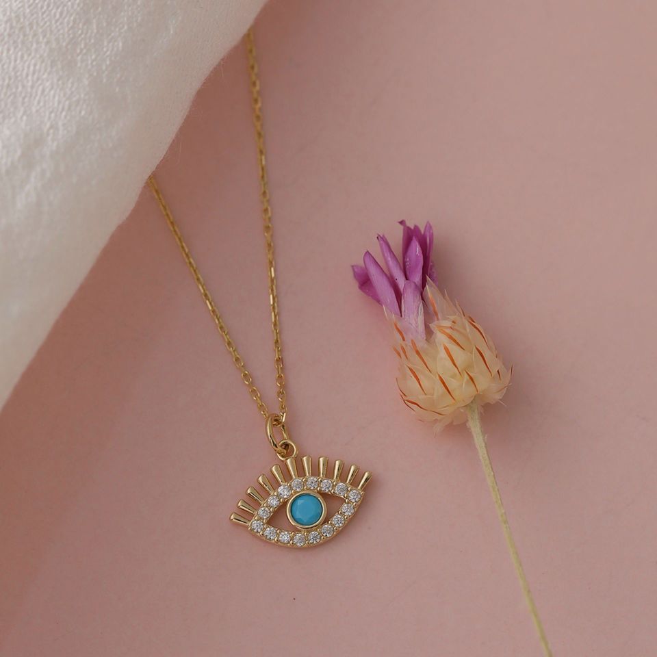 Prenses Pırlanta-14 Ayar Altın Mavi Boncuklu Göz Altın Kolye Modeli ''45 cm''