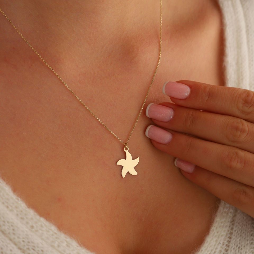 Prenses Pırlanta-14 Ayar Altın Deniz Yıldızı Altın Kolye Modeli ''45 cm''