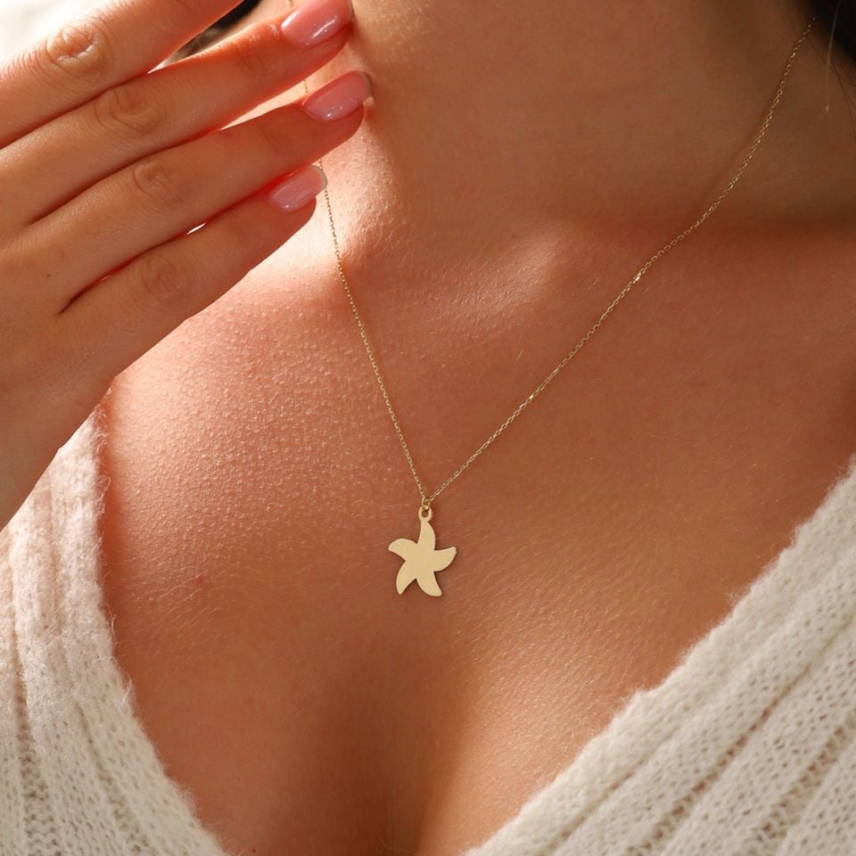 Prenses Pırlanta-14 Ayar Altın Deniz Yıldızı Altın Kolye Modeli ''45 cm''