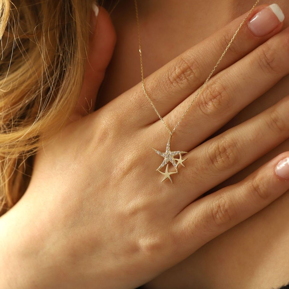 Prenses Pırlanta-14 Ayar Altın Deniz Yıldızı Altın Kolye Modeli ''45 cm''