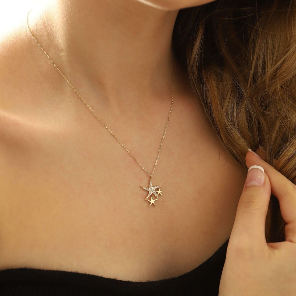 Prenses Pırlanta-14 Ayar Altın Deniz Yıldızı Altın Kolye Modeli ''45 cm''