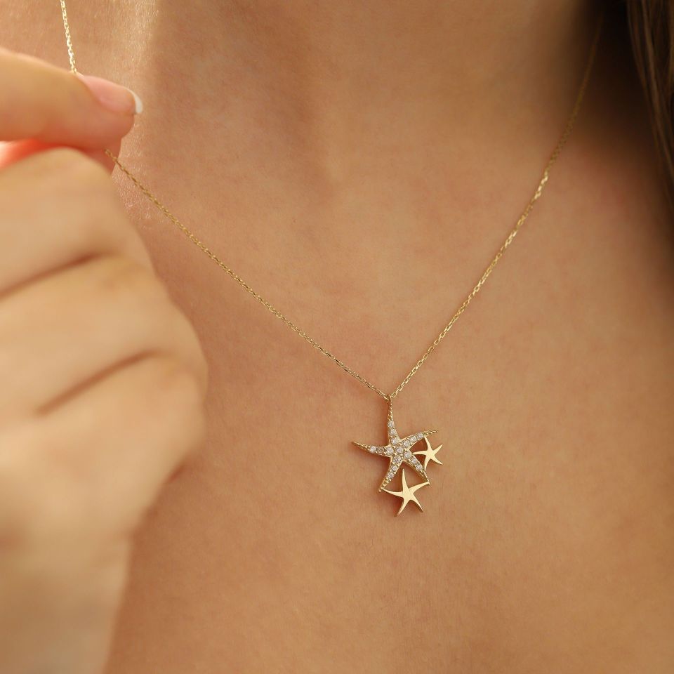 Prenses Pırlanta-14 Ayar Altın Deniz Yıldızı Altın Kolye Modeli ''45 cm''