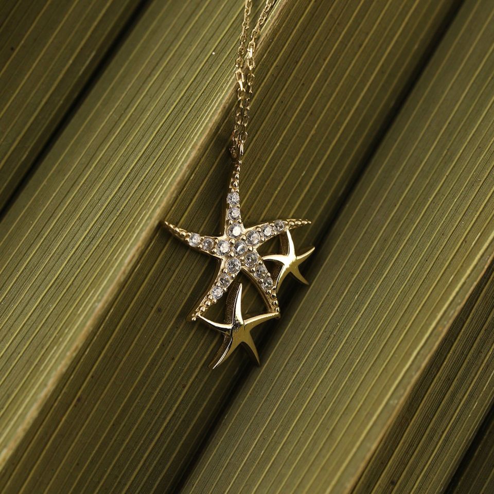 Prenses Pırlanta-14 Ayar Altın Deniz Yıldızı Altın Kolye Modeli ''45 cm''