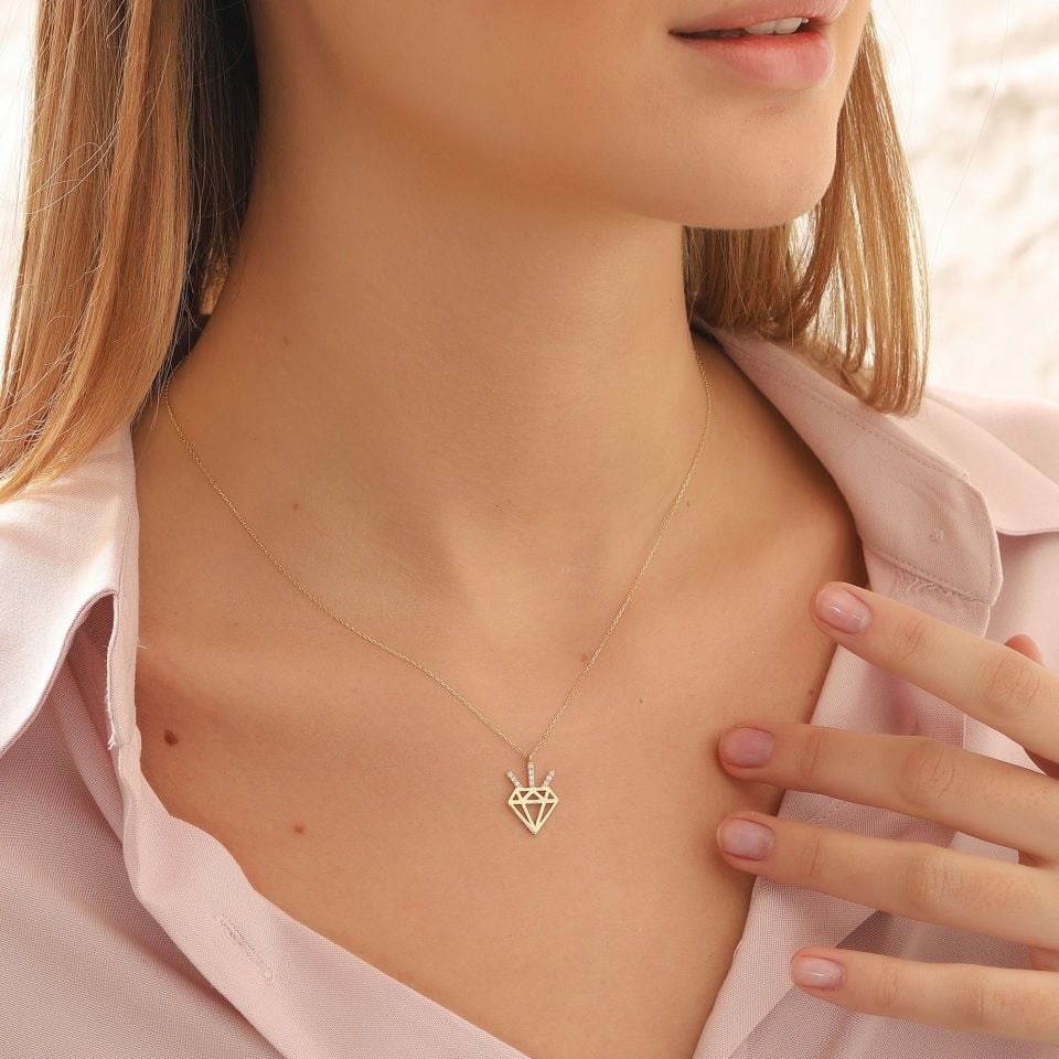 Prenses Pırlanta-14 Ayar Altın Elmas Deseni Altın Kolye Modeli ''45 cm''