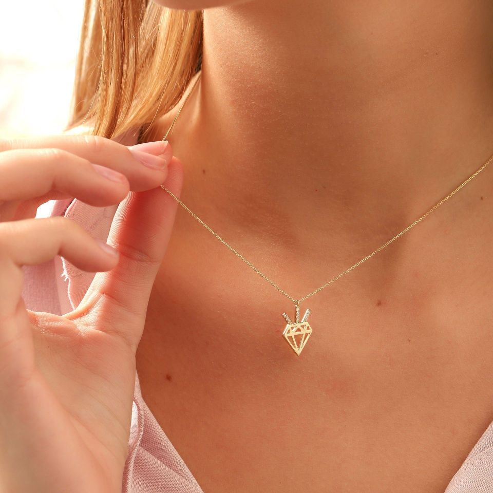 Prenses Pırlanta-14 Ayar Altın Elmas Deseni Altın Kolye Modeli ''45 cm''