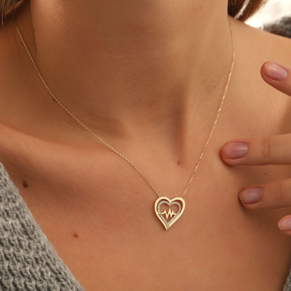 Prenses Pırlanta-14 Ayar Altın Ritimli Kalp Altın Kolye Modeli ''45 cm''