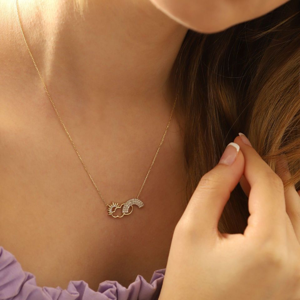 Prenses Pırlanta-14 Ayar Güneş, Bulut, Simge Altın Kolye Modeli ''45 cm''