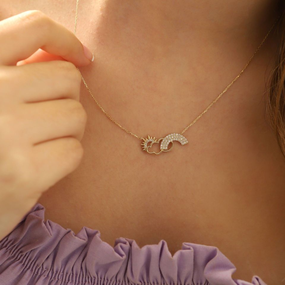 Prenses Pırlanta-14 Ayar Güneş, Bulut, Simge Altın Kolye Modeli ''45 cm''