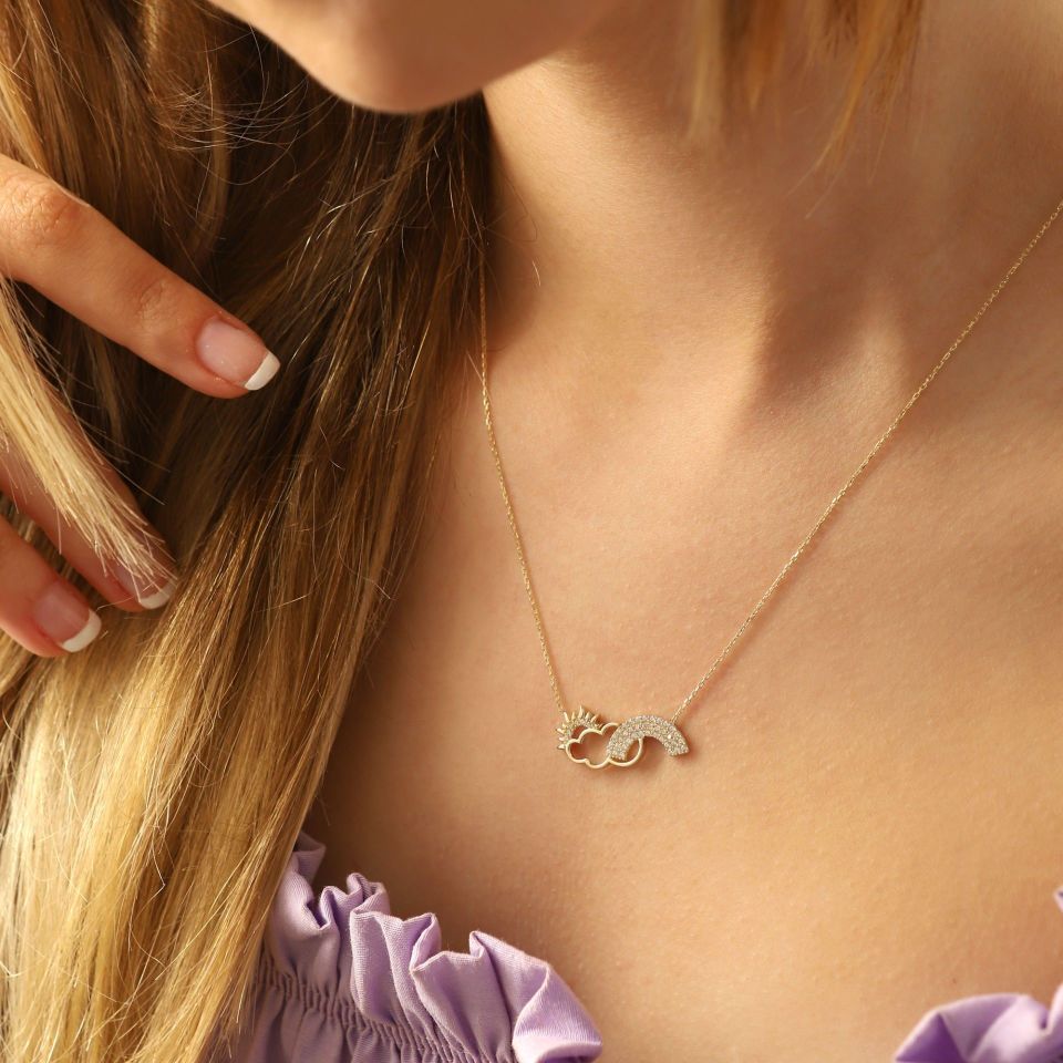 Prenses Pırlanta-14 Ayar Güneş, Bulut, Simge Altın Kolye Modeli ''45 cm''