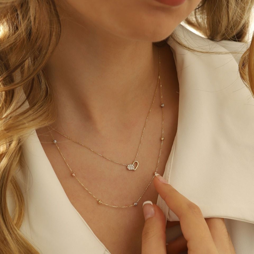 Prenses Pırlanta-14 Ayar Altın Dorika Toplu İkili Kalpli Altın Kolye Modeli ''45 cm''