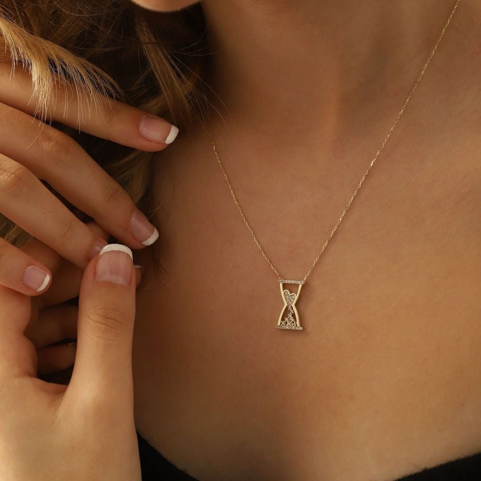 Prenses Pırlanta-14 Ayar Altın Kum Saati Sonsuzluk Altın Kolye Modeli ''45 cm''