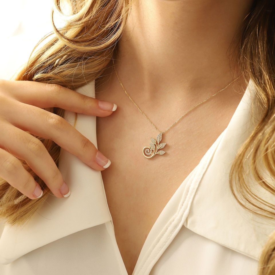 Prenses Pırlanta-14 Ayar Altın Yaprak Desenli Altın Kolye Modeli ''45 cm''