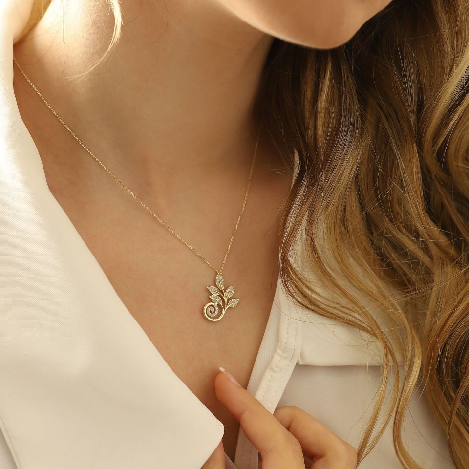 Prenses Pırlanta-14 Ayar Altın Yaprak Desenli Altın Kolye Modeli ''45 cm''