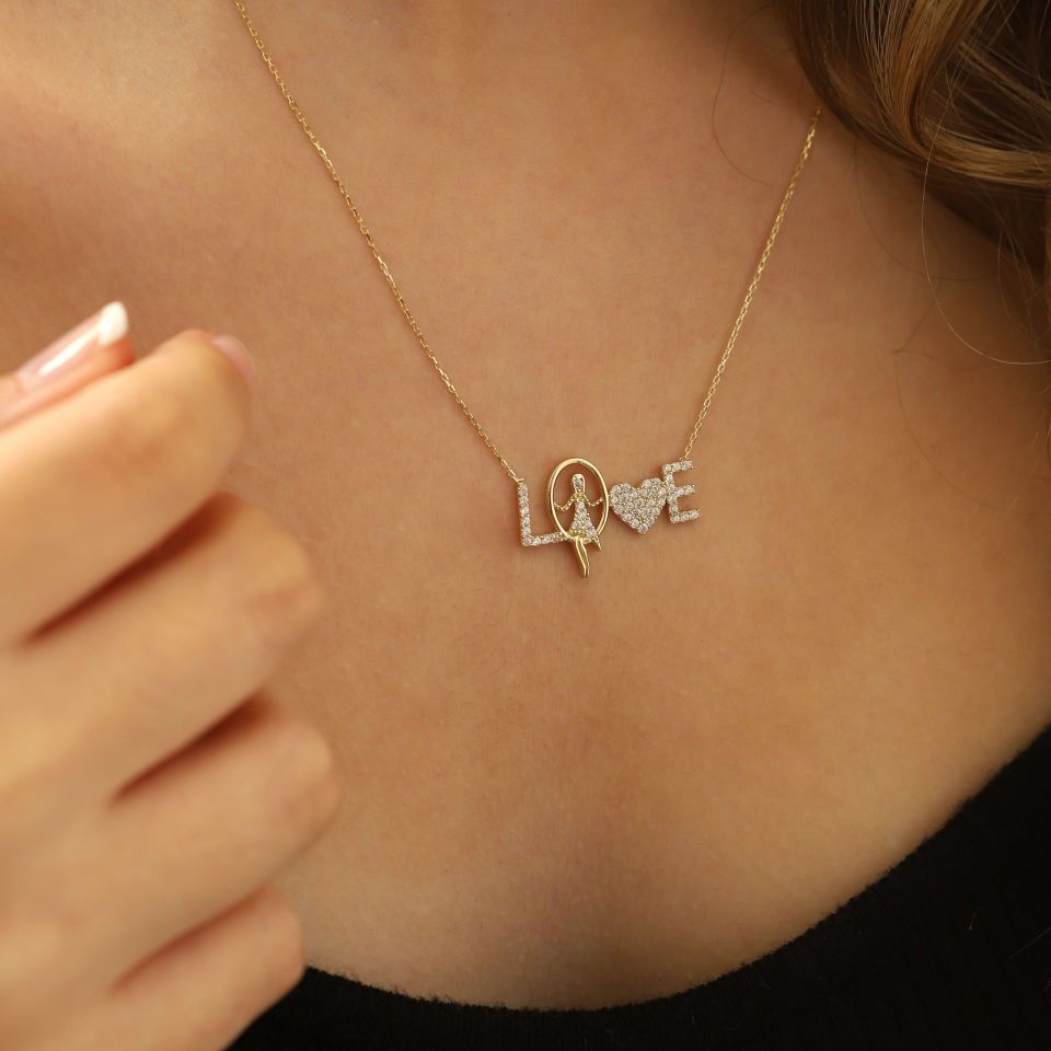 Prenses Pırlanta-14 Ayar Altın Taşlı Aşk Love Altın Kolye Modeli ''45 cm''