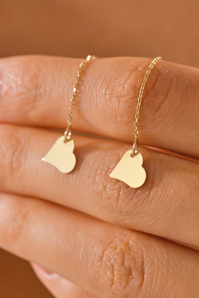 PRENSES PIRLANTA 14 Ayar Altın Zincir Sallantılı Kalp Küpe