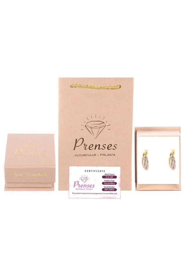 Prenses Pırlanta-3 Renk Sarı Beyaz Rose Altın Halka Küpe-14 Ayar Altın Küpe Modeli 1,30 gr