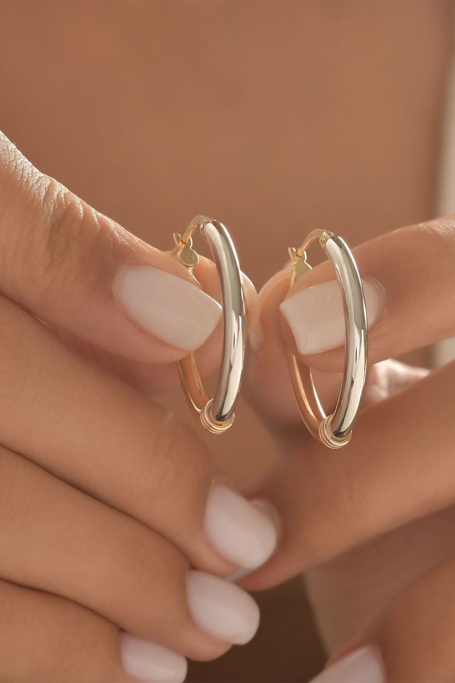 Prenses Pırlanta-2 Renk Sarı Beyaz Altın Halka Küpe-14 Ayar Altın Küpe Modeli 2,80 gr