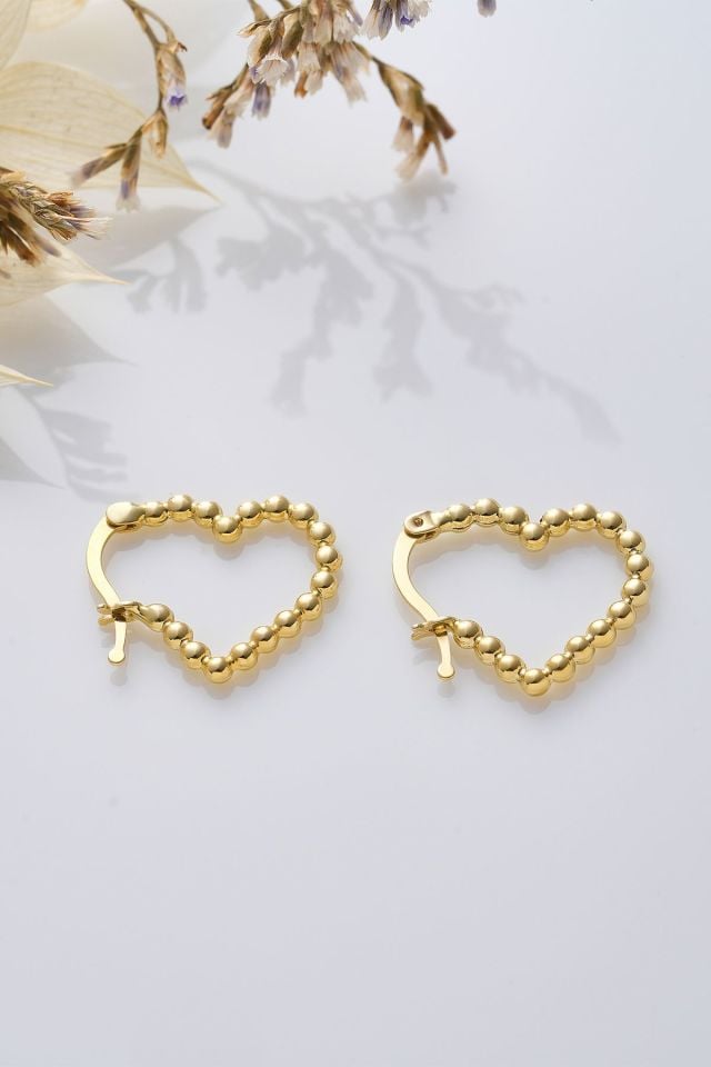 14 Ayar Altın Parlak Toplu Kalp Küpe