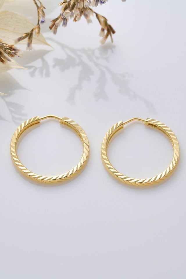 14 Ayar Altın Desenli Gizli Kilit Halka Küpe