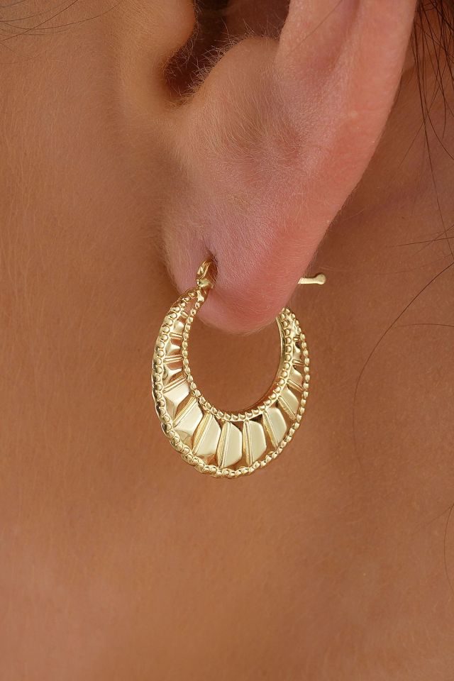 14 Ayar Altın Desenli Oval Küpe