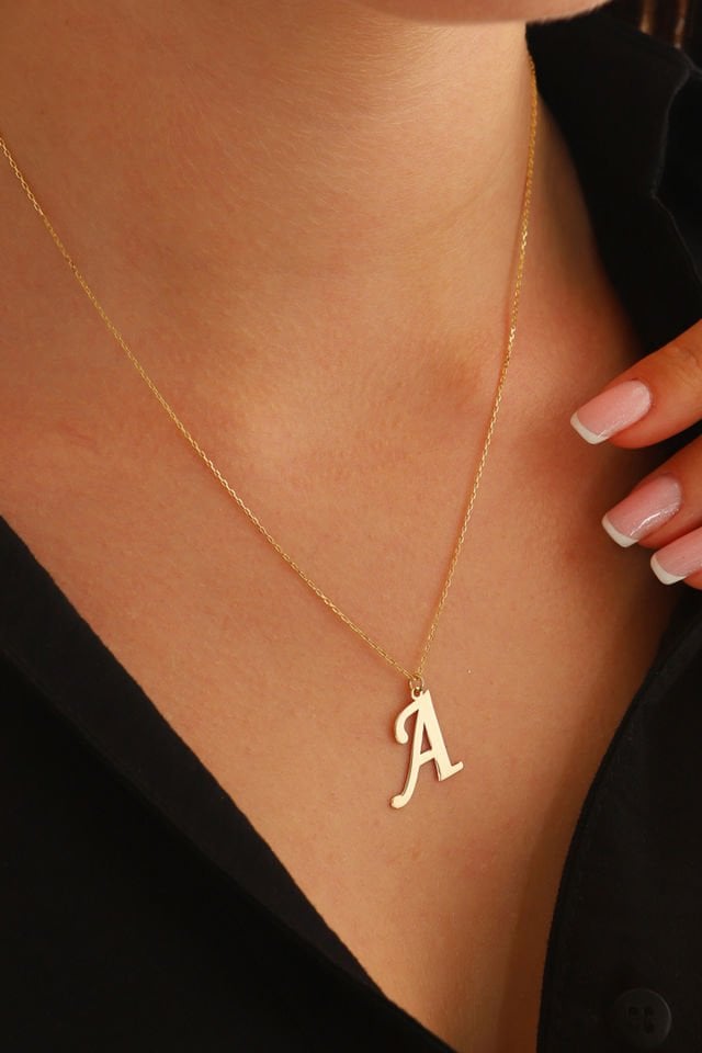 PRENSES PIRLANTA Kadın 14 Ayar Altın Harf Kolye El işi A & Z Harfi Altın Kolye Zincirli Harf Kolye 42 Cm