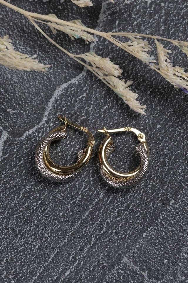 Prenses Pırlanta-2 Renk Sarı Beyaz Altın Halka Küpe-14 Ayar Altın Küpe Modeli 1,70 gr