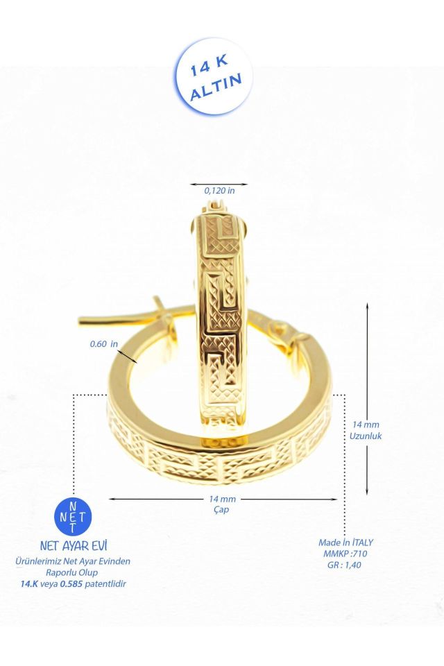 Prenses Pırlanta-Grek Desenli İtalyan Halka Küpe 14 Ayar
