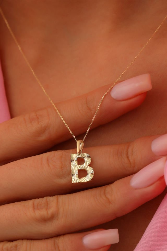 Prenses Pırlanta Kadın 14 Ayar Altın Harf Kolye A & Z Harfi Altın Kolye Zincirli Kalemli Işıltılı Desenli  42 cm B