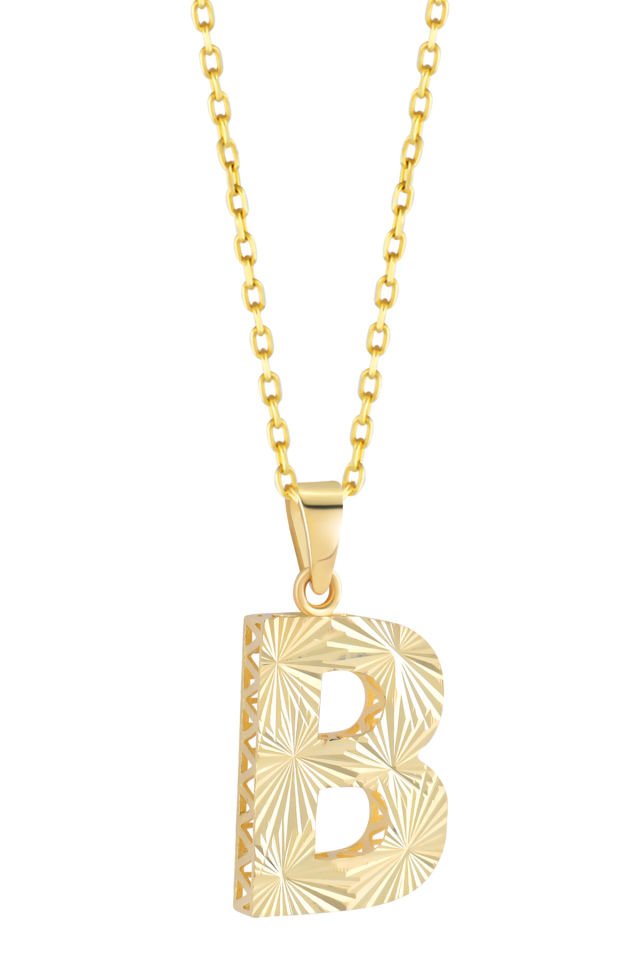 Prenses Pırlanta Kadın 14 Ayar Altın Harf Kolye A & Z Harfi Altın Kolye Zincirli Kalemli Işıltılı Desenli  42 cm B