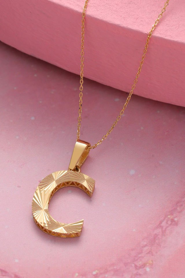 Prenses Pırlanta Kadın 14 Ayar Altın Harf Kolye A & Z Harfi Altın Kolye Zincirli Kalemli Işıltılı Desenli  42 cm C