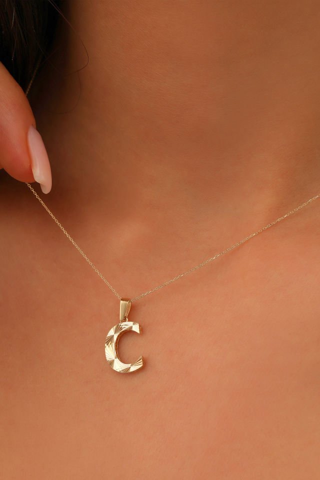 Prenses Pırlanta Kadın 14 Ayar Altın Harf Kolye A & Z Harfi Altın Kolye Zincirli Kalemli Işıltılı Desenli  42 cm C