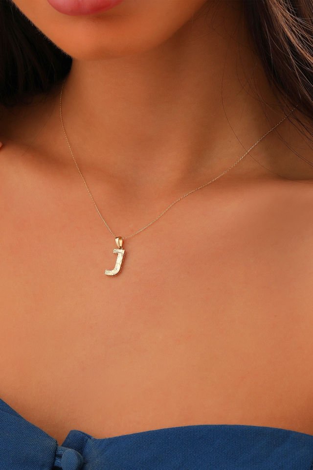 Prenses Pırlanta Kadın 14 Ayar Altın Harf Kolye A & Z Harfi Altın Kolye Zincirli Kalemli Işıltılı Desenli  42 cm J